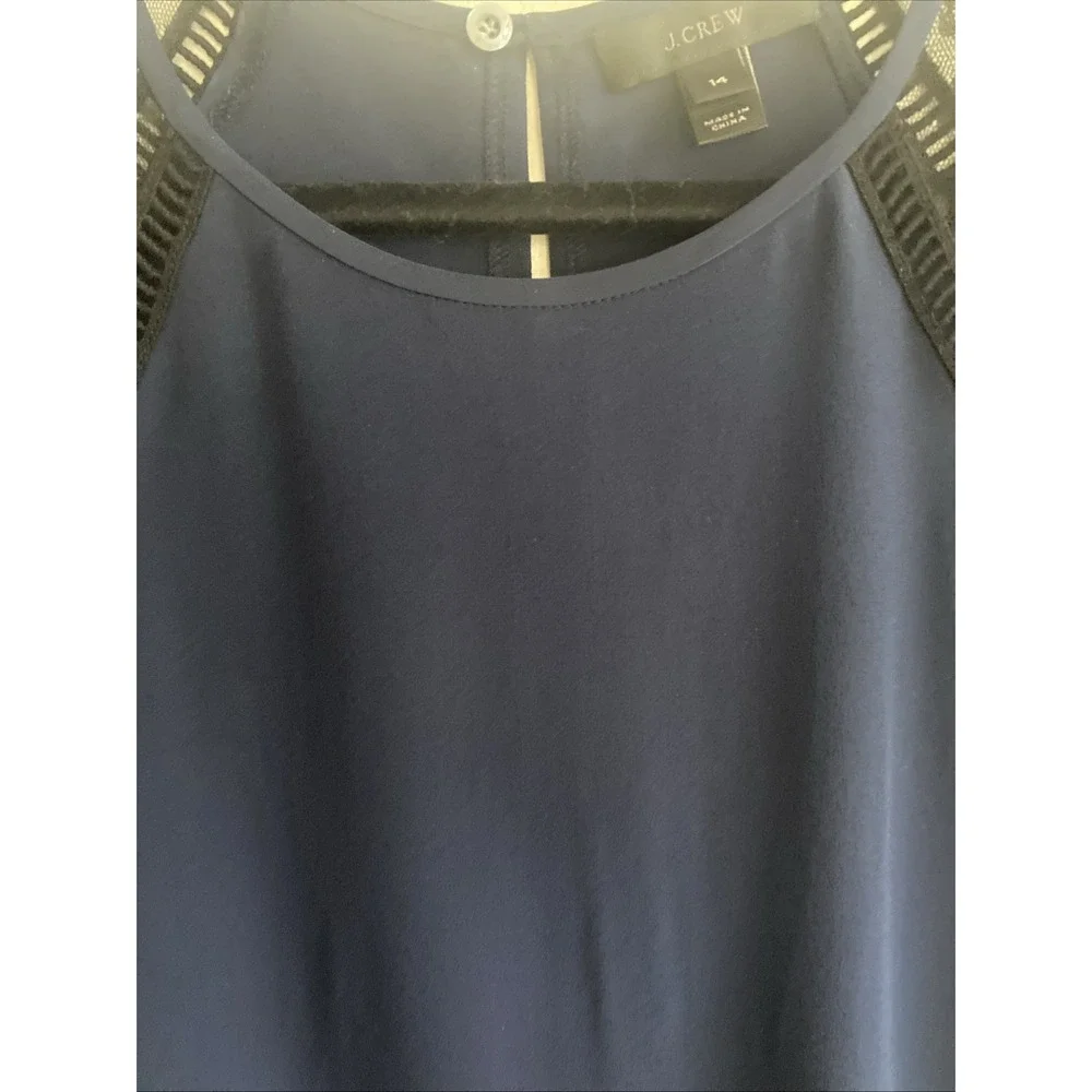 EUC J Crew Silk Blouse Dark Blue Black Polka Dot Mesh Women's Size‎ 14